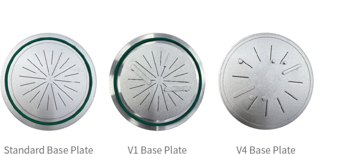 The three MaxForm L2 base plate options shown side by side: Standard Base Plate, V1 Base Plate, and V4 Base Plate